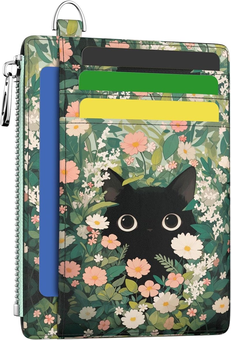 Hancynir Slim Wallet Women Credit Card Holder Cute Black Cat Floral RFID Small Mini Card Case Front Pocket PU Leather Thin Travel Zipper Coin Cash ID Window Girls Wallet Gifts - Image 1